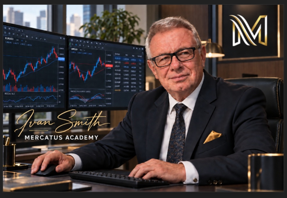 Ivan Smith in a professional forex trading office with market charts displayed on computer screens